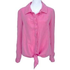 Boston Proper Pink Linen Button Up Blouse Women’s XS Tie Front Party Shower Long